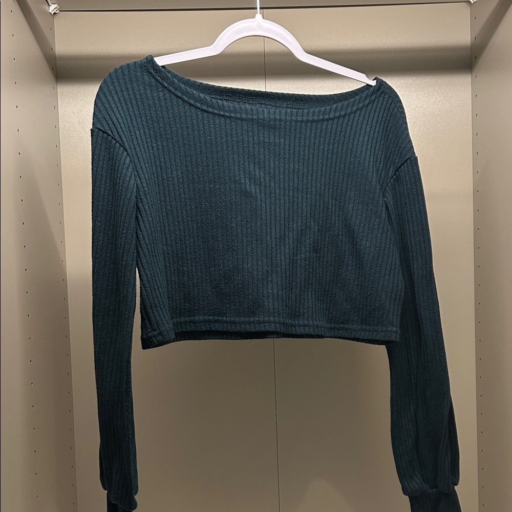 Deep Teal Ribbed Knit Long Sleeve Crop Top Large